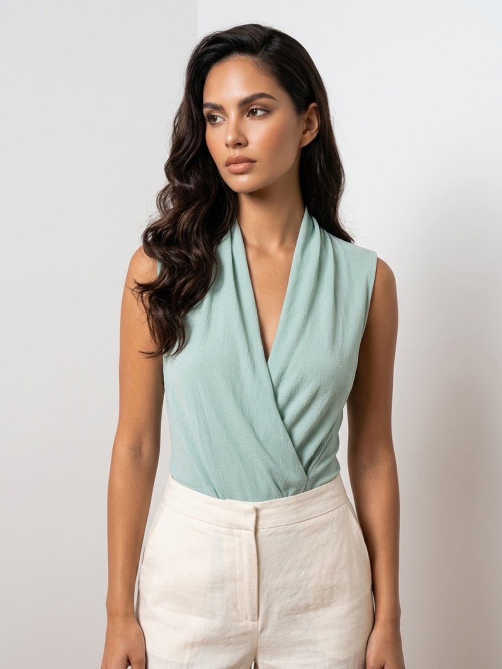 Guess by Marciano Sleeveless Draped Wrap-Front Top in Sage